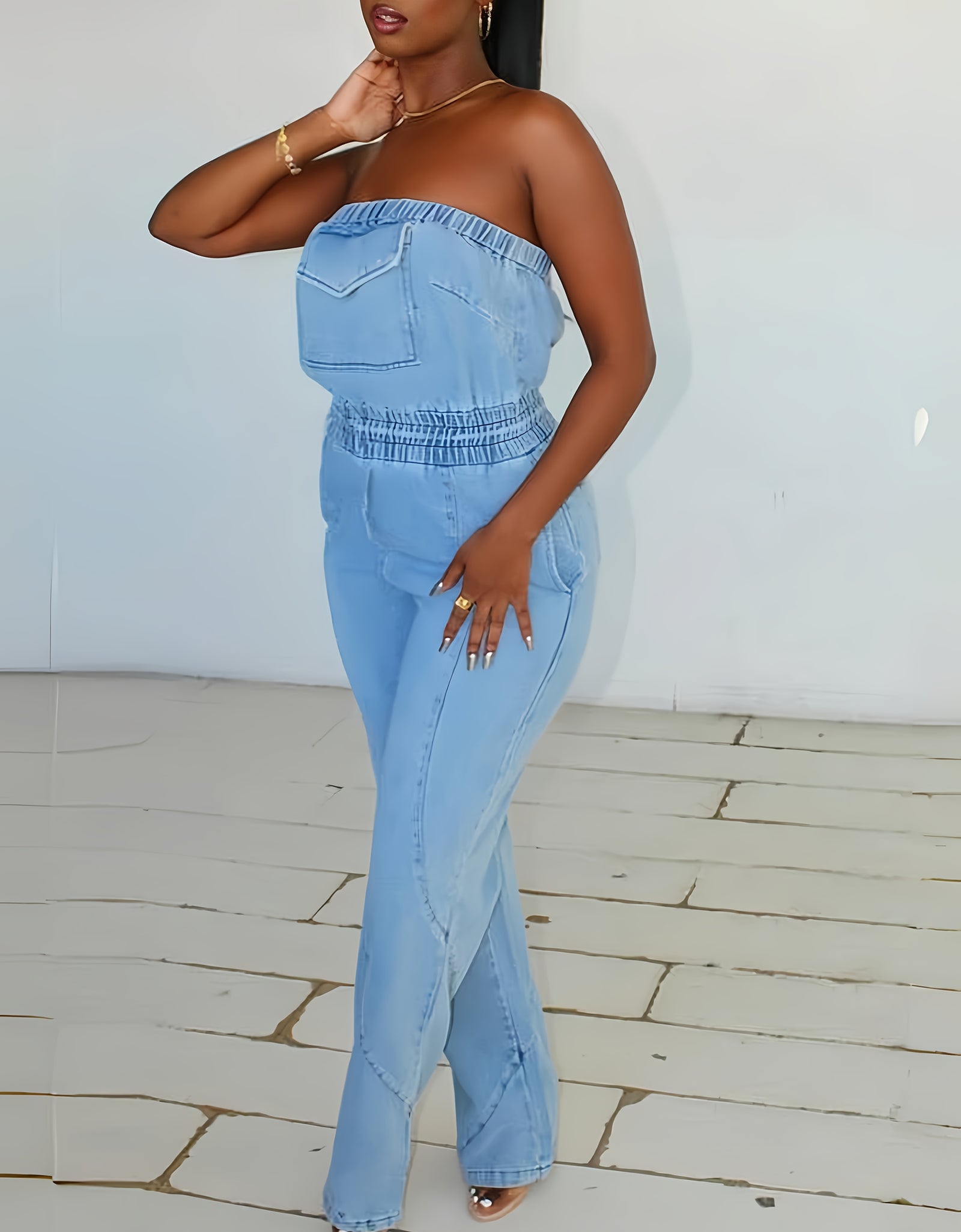[Y2K Denim Jumpsuit] Sexy Strapless Women's Y2K Denim Jumpsuit | Baggy Wide-Leg Romper with Pockets, 90s Retro Casual Streetwear, Regular Fit Long Length for Spring Summer Fall