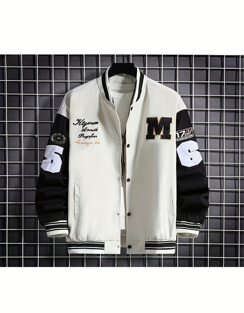 Load image into Gallery viewer, Plus Size Men Baseball Jacket, Casual Polyester Stand Collar with Snap Closure, Non-Stretch Woven Fabric, Loose Fit, with Monogram Patches, for Spring/Fall - Men Sports &amp; Active
