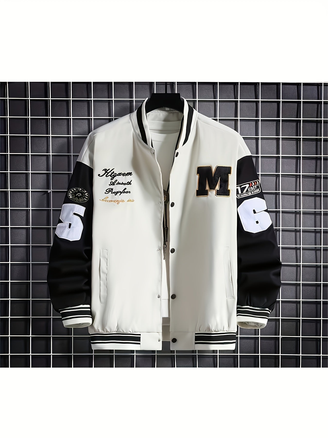 Plus Size Men Baseball Jacket, Casual Polyester Stand Collar with Snap Closure, Non-Stretch Woven Fabric, Loose Fit, with Monogram Patches, for Spring/Fall - Men Sports & Active
