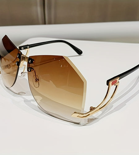 Frameless Oversized Fashion Glasses for Women - Gradient Pink to Clear Lenses, Hollow-Out Temple Arms, Protection & Anti-Glare Coating, Luxury Fashion Accessories