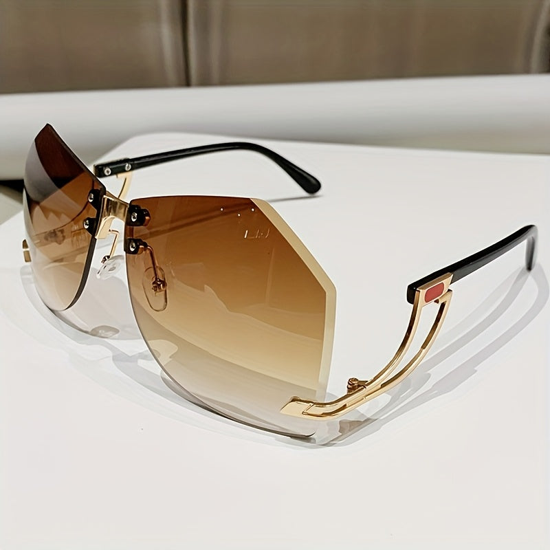 Frameless Oversized Fashion Glasses for Women - Gradient Pink to Clear Lenses, Hollow-Out Temple Arms, Protection & Anti-Glare Coating, Luxury Fashion Accessories