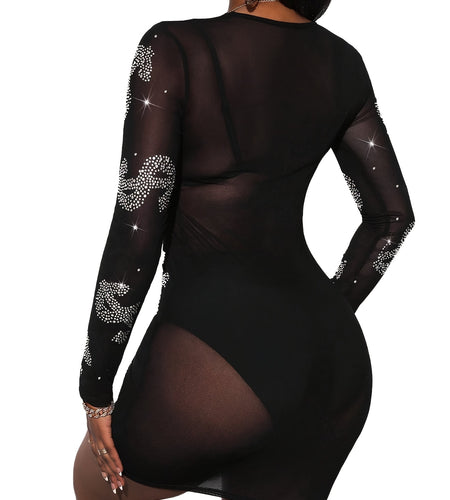 Sexy Rhinestone Bodycon Mesh Dress - Sexy Dollar Pattern