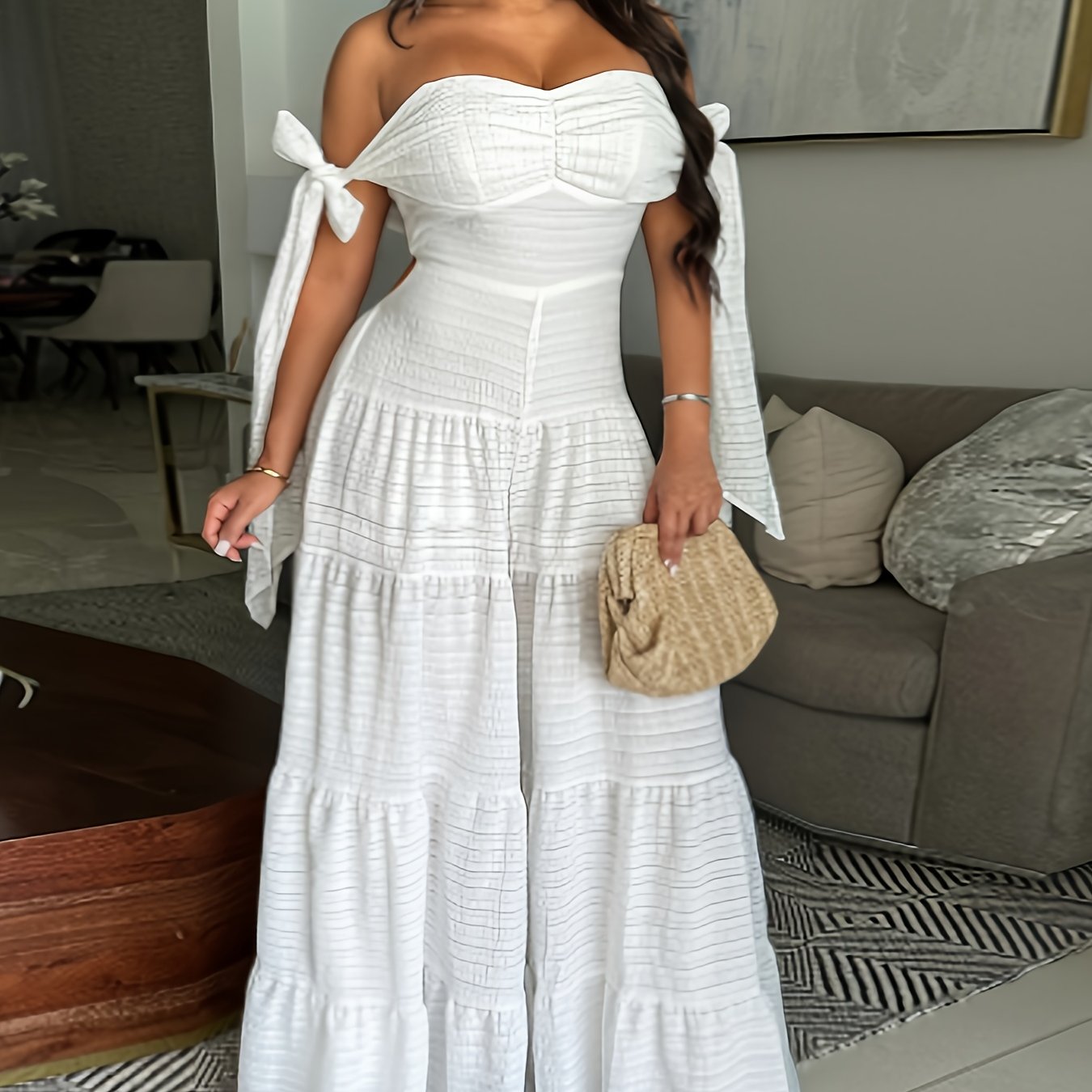 [Elegant Jumpsuit] White Elegant Off-Shoulder Wide-Leg Jumpsuit for Women | Sleeveless, High-Low Hem, Ruffle Detail, Textured Fabric, Perfect for Spring/Summer Parties & Casual Outings
