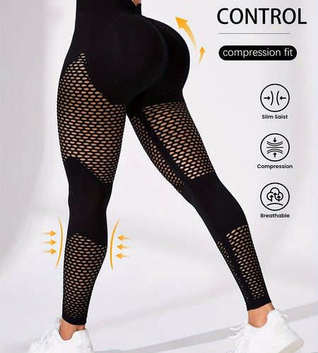 High-Waist Breathable Compression Yoga Pants - Women's Mesh Panel, Tummy Control, Knitted Fabric, Hollow Design, Solid Color