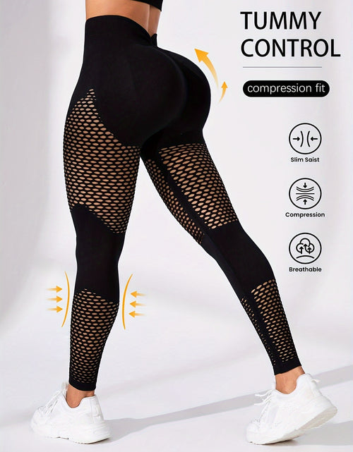 Load image into Gallery viewer, High-Waist Breathable Compression Yoga Pants - Women&#39;s Mesh Panel, Tummy Control, Knitted Fabric, Hollow Design, Solid Color
