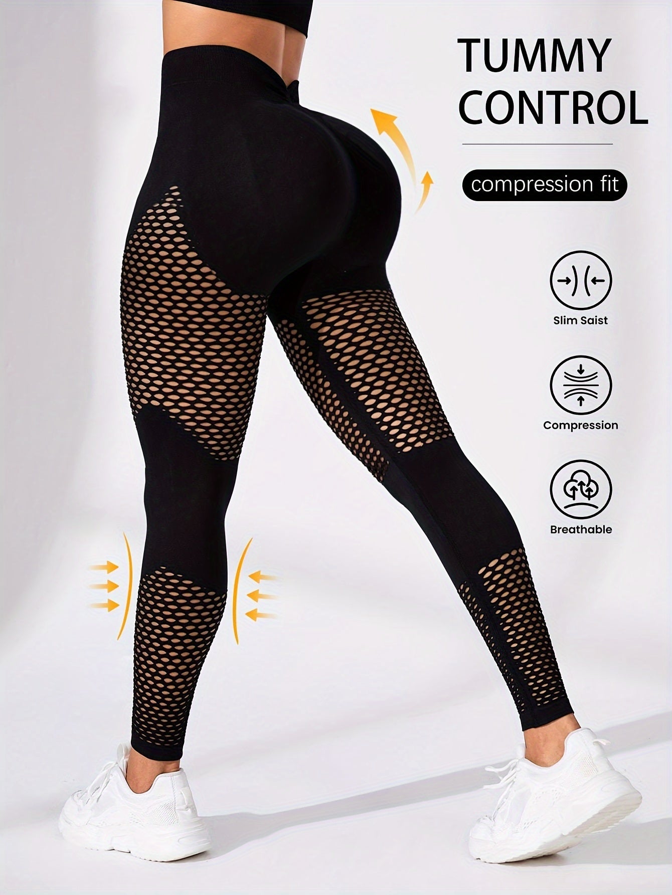 High-Waist Breathable Compression Yoga Pants - Women's Mesh Panel, Tummy Control, Knitted Fabric, Hollow Design, Solid Color