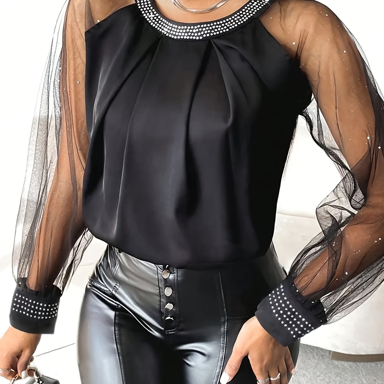 Elegant Women Black Blouse | Round Neck, Long Sleeves, Machine Washable, Breathable Fabric, Sophisticated Detailing Very Fashionable