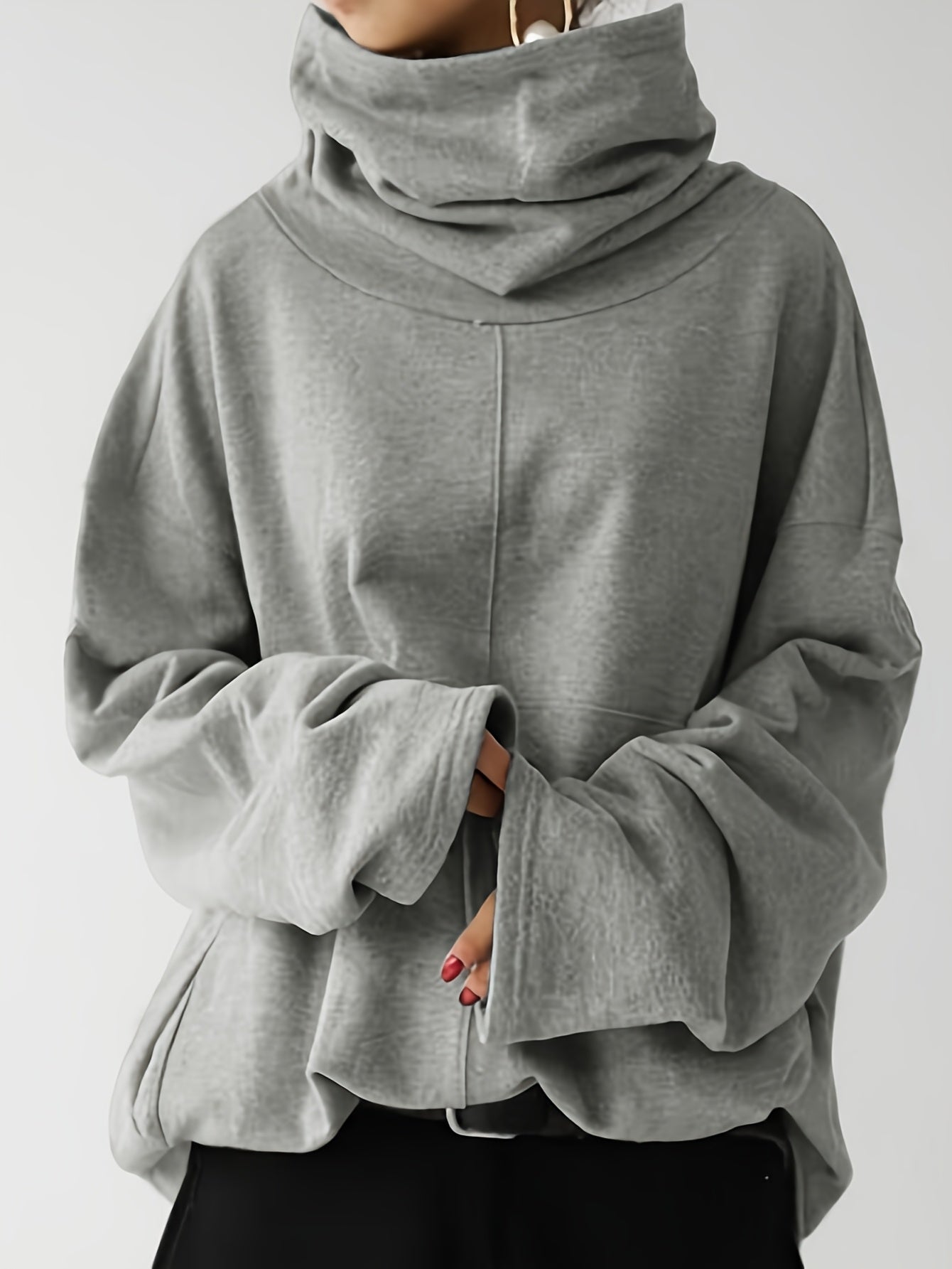 Plus Size, Women's Oversized Casual High Neck Pullover Hoodie with Front Pocket - Loose Fit Long Sleeve Solid Color Sweatshirt for Fall Winter, Plus Size Friendly