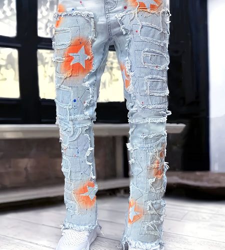 Men Urban Star Print Fashion Layered Tassel Jeans