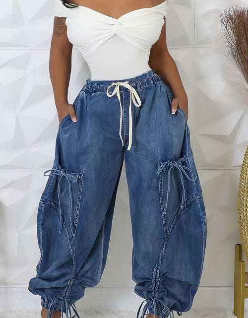 Load image into Gallery viewer, Women Baggy Denim Harem Pants - Elastic Drawstring Waist Wide Leg Jeans With Bow Tie &amp; Pockets  (Vintage Distressed Wash)
