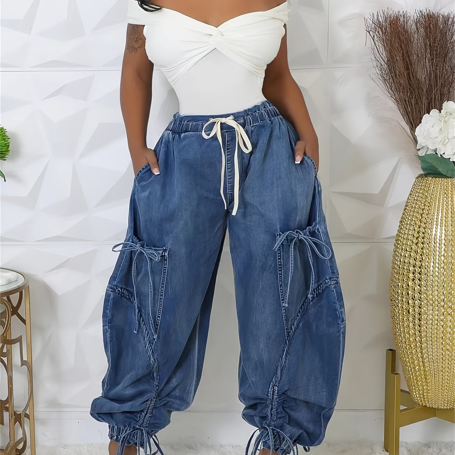 Women Baggy Denim Harem Pants - Elastic Drawstring Waist Wide Leg Jeans With Bow Tie & Pockets  (Vintage Distressed Wash)