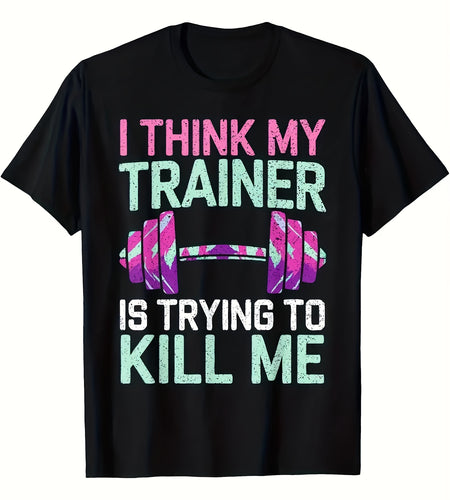 Funny Gym Workout T-Shirt - "I for THINK MY TRAINER IS TRYING to KILL ME" Graphic Tee with Dumbbell Design - Heavyweight Shirt for Men & Women - Black Crew Neck Gym Top - Breathable Muscle Training Apparel - Funny Fitness Gif