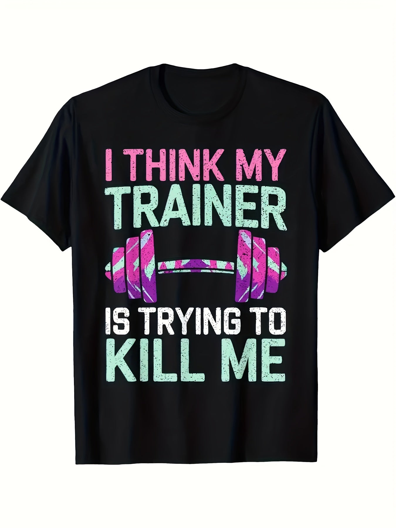 Funny Gym Workout T-Shirt - "I for THINK MY TRAINER IS TRYING to KILL ME" Graphic Tee with Dumbbell Design - Heavyweight Shirt for Men & Women - Black Crew Neck Gym Top - Breathable Muscle Training Apparel - Funny Fitness Gif