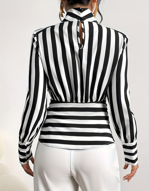 Load image into Gallery viewer, Women Elegant Striped High Neck Lace-Up Blouse with Back Zipper &amp; Adjustable Waist Tie - Black/White/Gray Horizontal Stripes Shirt Jacket-like Top  (Machine Washable)
