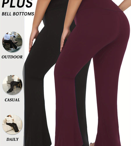 [2pcs Super Soft High Waist Leggings] Plus Size Women's 2pcs Super Soft High Waist Flare Leggings - Tummy Control, Stretchy Bootcut Pants for Yoga & Running