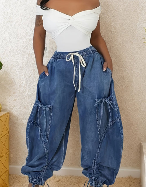 Load image into Gallery viewer, [Y2k Barrel Jeans] High Waist  Women Loose Barrel Jeans - Drawstring Bow Tie Cargo Vintage Wide Leg Ankle Denim Joggers
