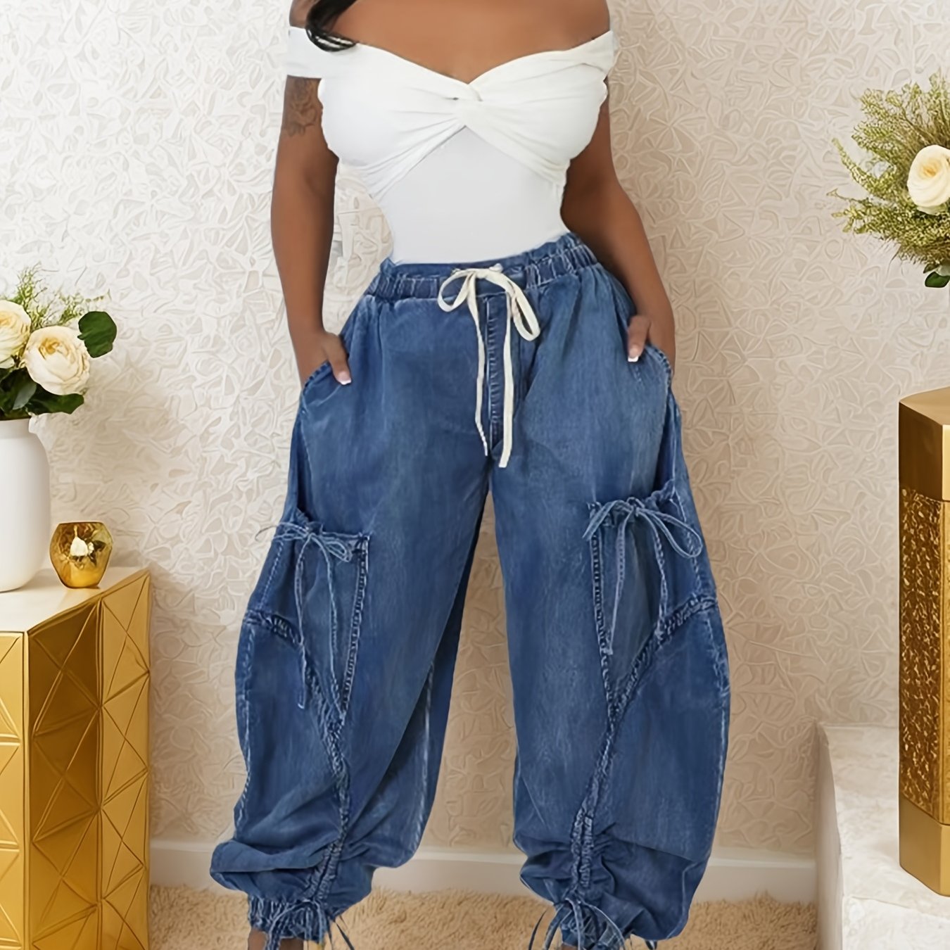 [Y2k Barrel Jeans] High Waist  Women Loose Barrel Jeans - Drawstring Bow Tie Cargo Vintage Wide Leg Ankle Denim Joggers