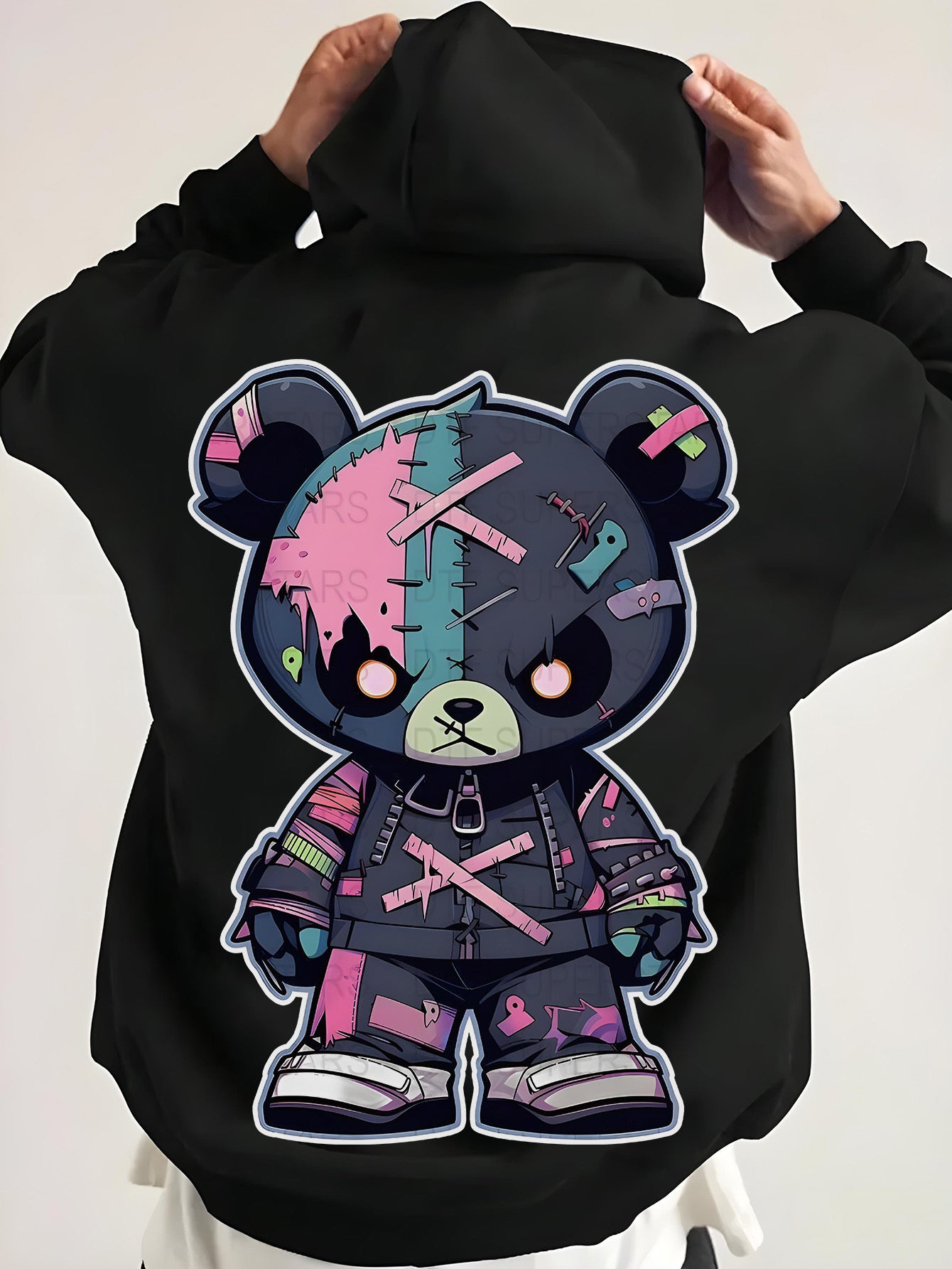 Autumn And Winter Plus Size Men  Element Crew Neck Hoodie, Printed with Teddy Bear Pattern, Soft And Comfortable Cotton Fabric, Long-Sleeved Loose Version, Suitable