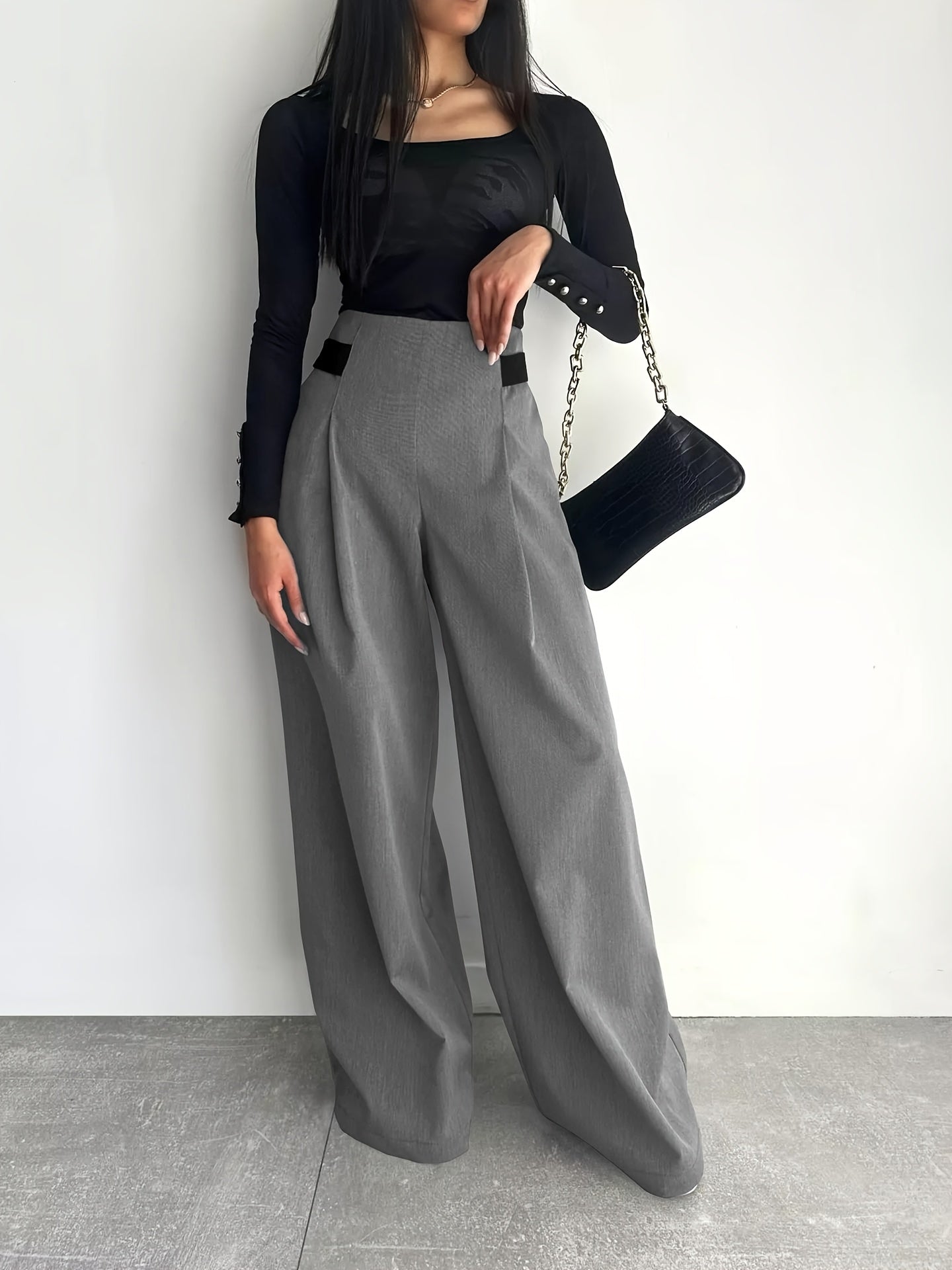 Women's High-Waisted Wide Leg Pants with Adjustable Tie Waist & Pockets - Casual to Business Casual Loose Fit Trousers, Solid Color All-Season Machine Washable, Business Casual Trousers | Pleated Pants | Functional Pockets Tr