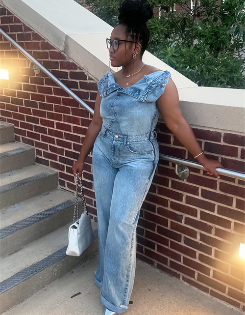 Load image into Gallery viewer, Women&#39;s Denim Jumpsuit - Y2K Inspired, Distressed Blue, Wide Leg, Asymmetrical Hem, Vintage 90s Style
