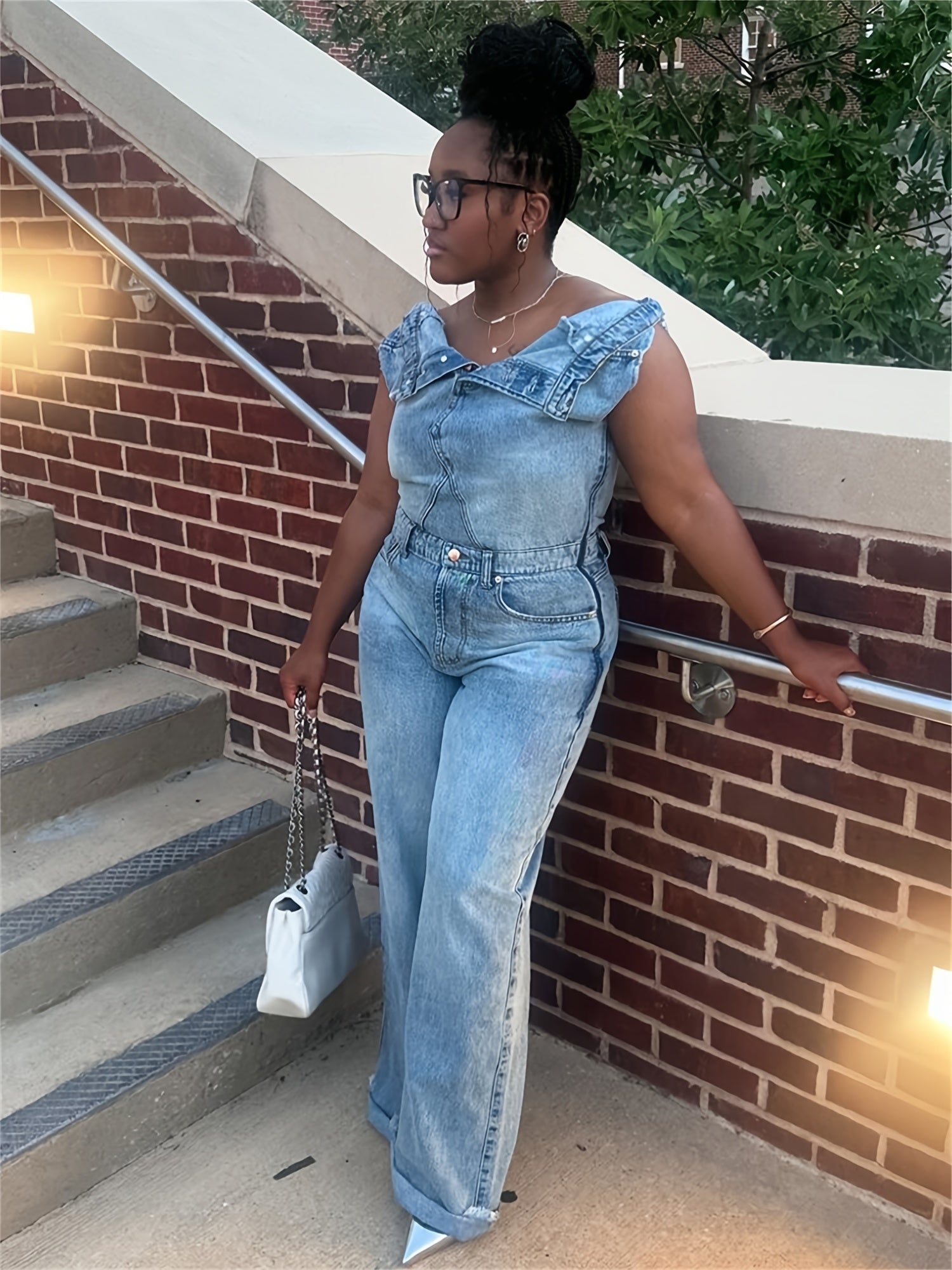 Women's Denim Jumpsuit - Y2K Inspired, Distressed Blue, Wide Leg, Asymmetrical Hem, Vintage 90s Style