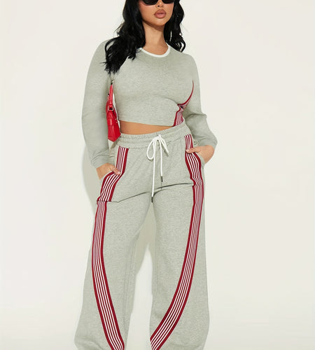 2pcs Women Casual Long Sleeved Top And Side Striped Style Drawstring Pocket Pants Set For Autumn And Winter