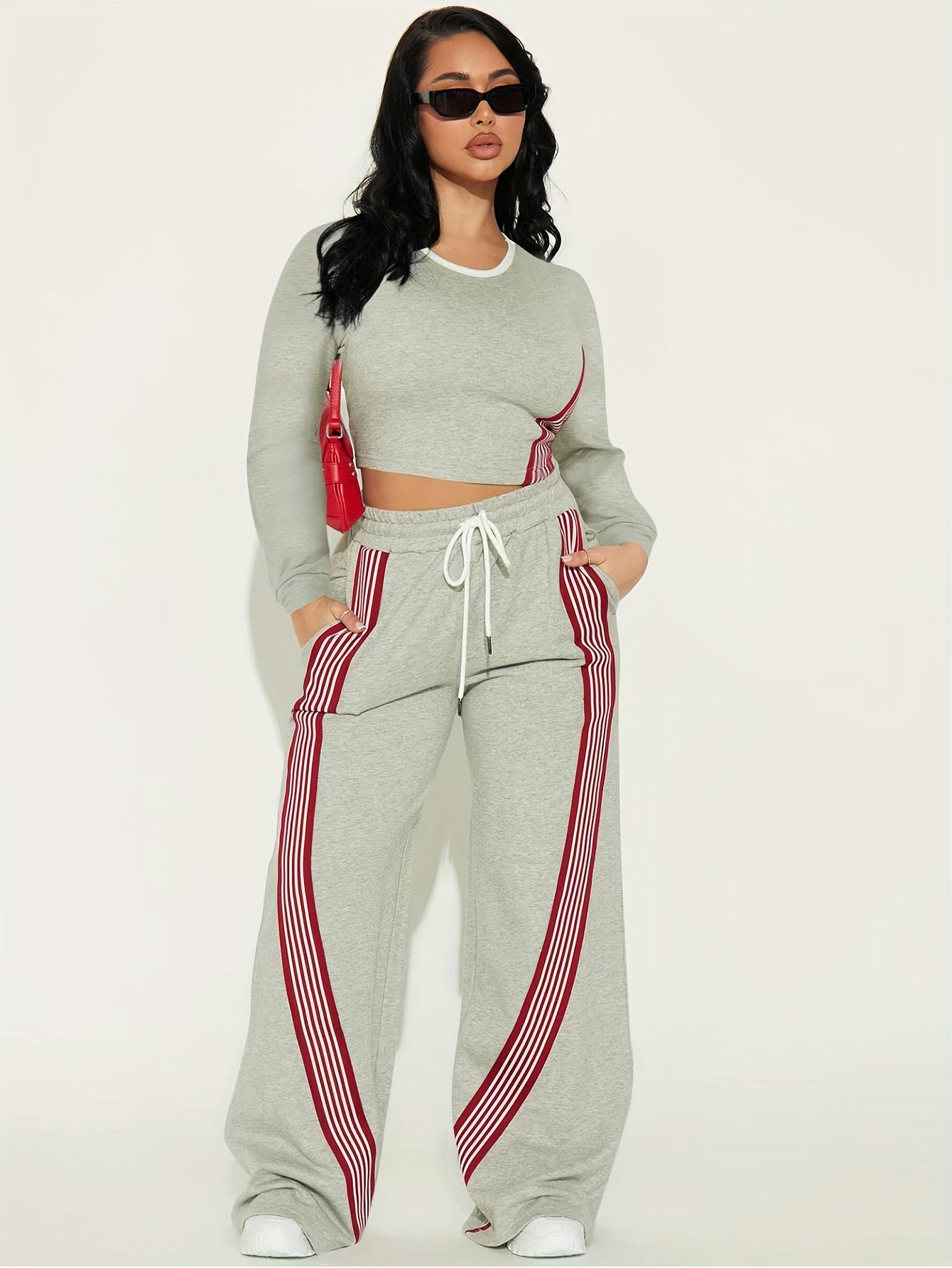 2pcs Women Casual Long Sleeved Top And Side Striped Style Drawstring Pocket Pants Set For Autumn And Winter