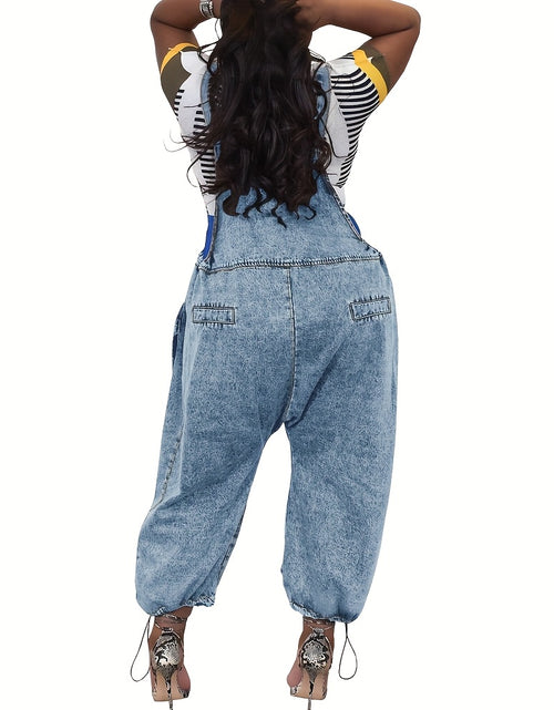 Load image into Gallery viewer, Women&#39;s High-Waisted Bib Denim Overalls Jumpsuit - Loose Wide-Leg Jeans with Cargo Pockets, Adjustable Straps &amp; Metal Buckles, 98% Cotton, Machine Washable for Casual Streetwear
