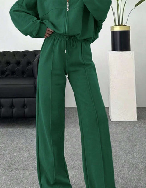 Load image into Gallery viewer, Women 2pcs Winter Suit: Dark Green Stand Collar Zipper Jacket &amp; Wide-Leg Pants - Elegant Casual Outfits for Fall/Winter, (Hand Washable) | 2pcs Collection
