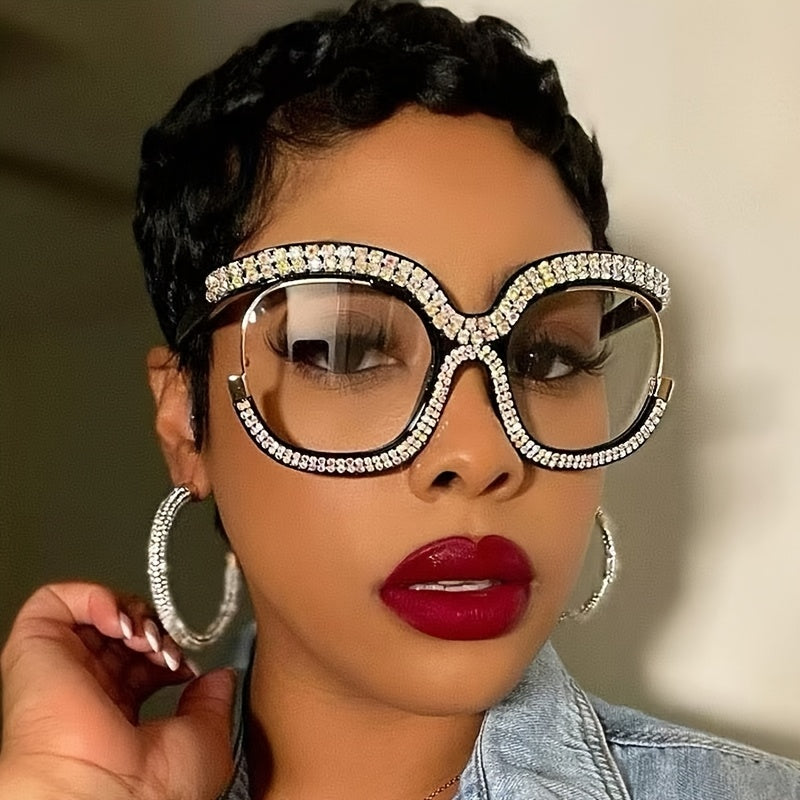 Women's Owl-Shaped Crystal Embellished Blue Light Blocking Glasses Non-Prescription Fashionable Rimless Spectacles with Portable Case