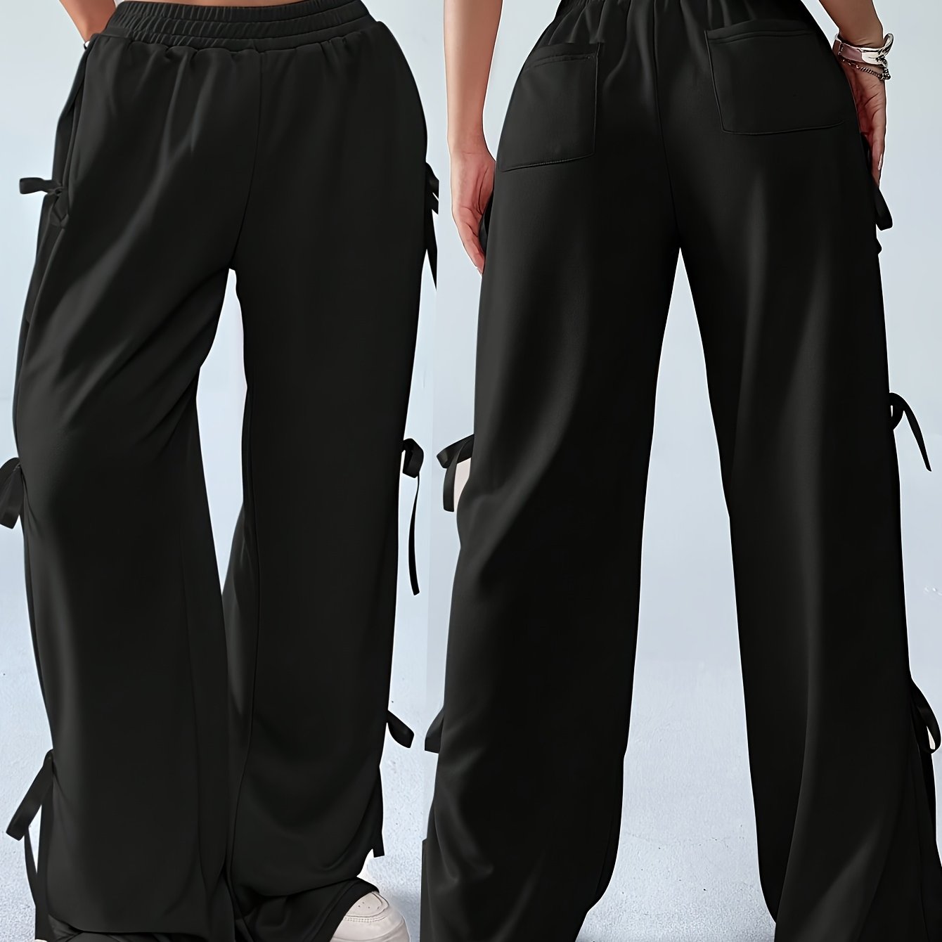 Plus Size, Women's Elegant Side Bow Tie Straps & Back Pockets Stretchy Loose Straight Leg Pants - Comfortable Elastic Waistband, Machine Washable, Spring Summer Fall Casual Outing Trousers, Seasonal Fashion, Durable Clothing