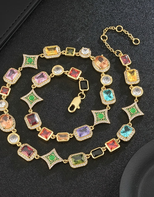 Load image into Gallery viewer, [18K Golden Chain Necklace]  18K Golden Plated Copper Chain Necklace | Glamorous, Hip Hop Style, 45cm + 5cm Extendable | Synthetic Colorful Faux Gemstones, 4-Prong Setting, with Synthetic Zirconia
