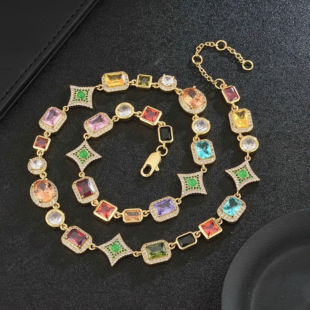 [18K Golden Chain Necklace]  18K Golden Plated Copper Chain Necklace | Glamorous, Hip Hop Style, 45cm + 5cm Extendable | Synthetic Colorful Faux Gemstones, 4-Prong Setting, with Synthetic Zirconia