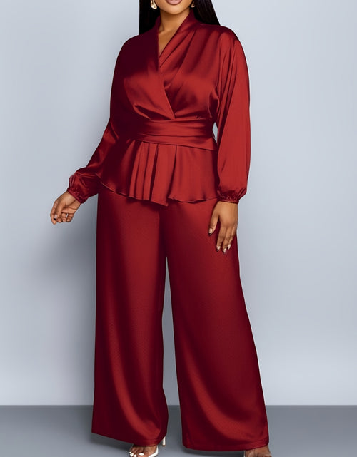 Load image into Gallery viewer, Plus Size, Plus - Size Women&#39;s Satin V - Neck Top &amp; Wide - Leg Pants Two - Piece Set |The waist design adds layers Very Fashionable
