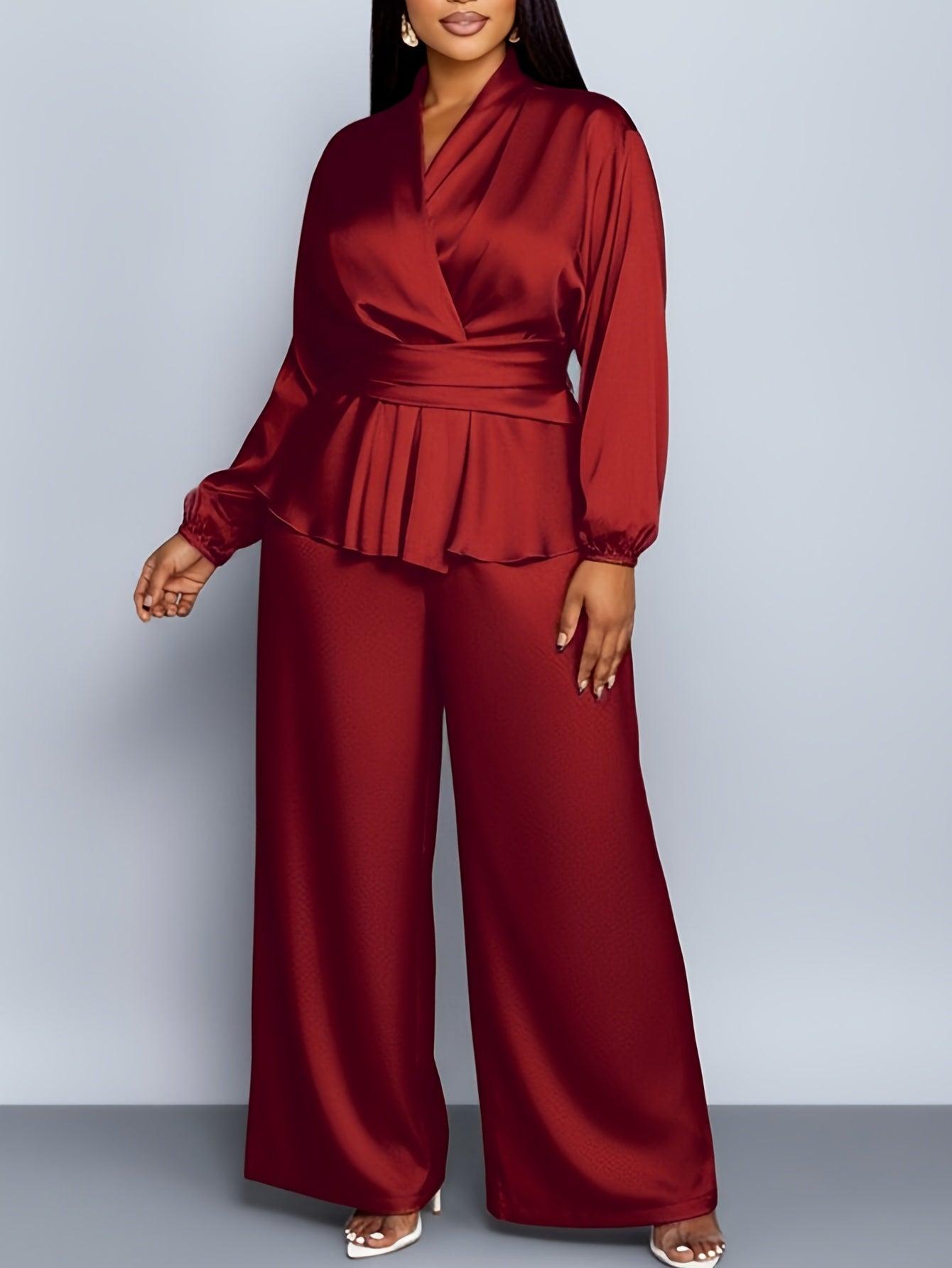 Plus Size, Plus - Size Women's Satin V - Neck Top & Wide - Leg Pants Two - Piece Set |The waist design adds layers Very Fashionable