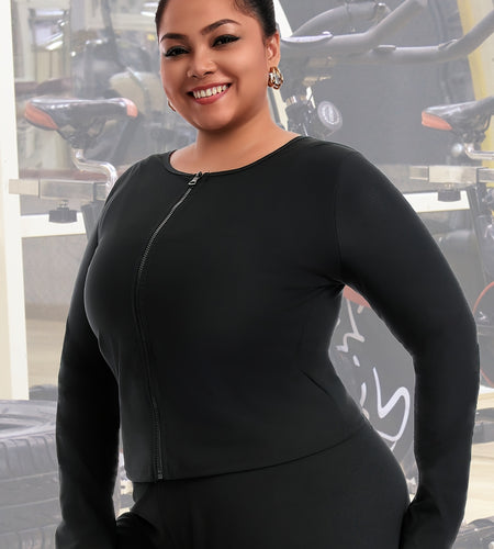 Women's Plus Size Long Sleeve Zip-Up Yoga Top - Stretchy Polyester Athletic Shirt, Breathable Workout Tee for Gym & Training, Black, Gym Wear | Sleek Design | Glossy Fabric