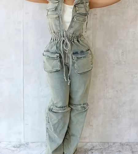 [Vintage Stretch Zipper Romper] Vintage One Pieces Overalls Denim Stretch Women Zipper Pocket Jumpsuit Hoodies Drawstring Waist Streetwear Jean Romper
