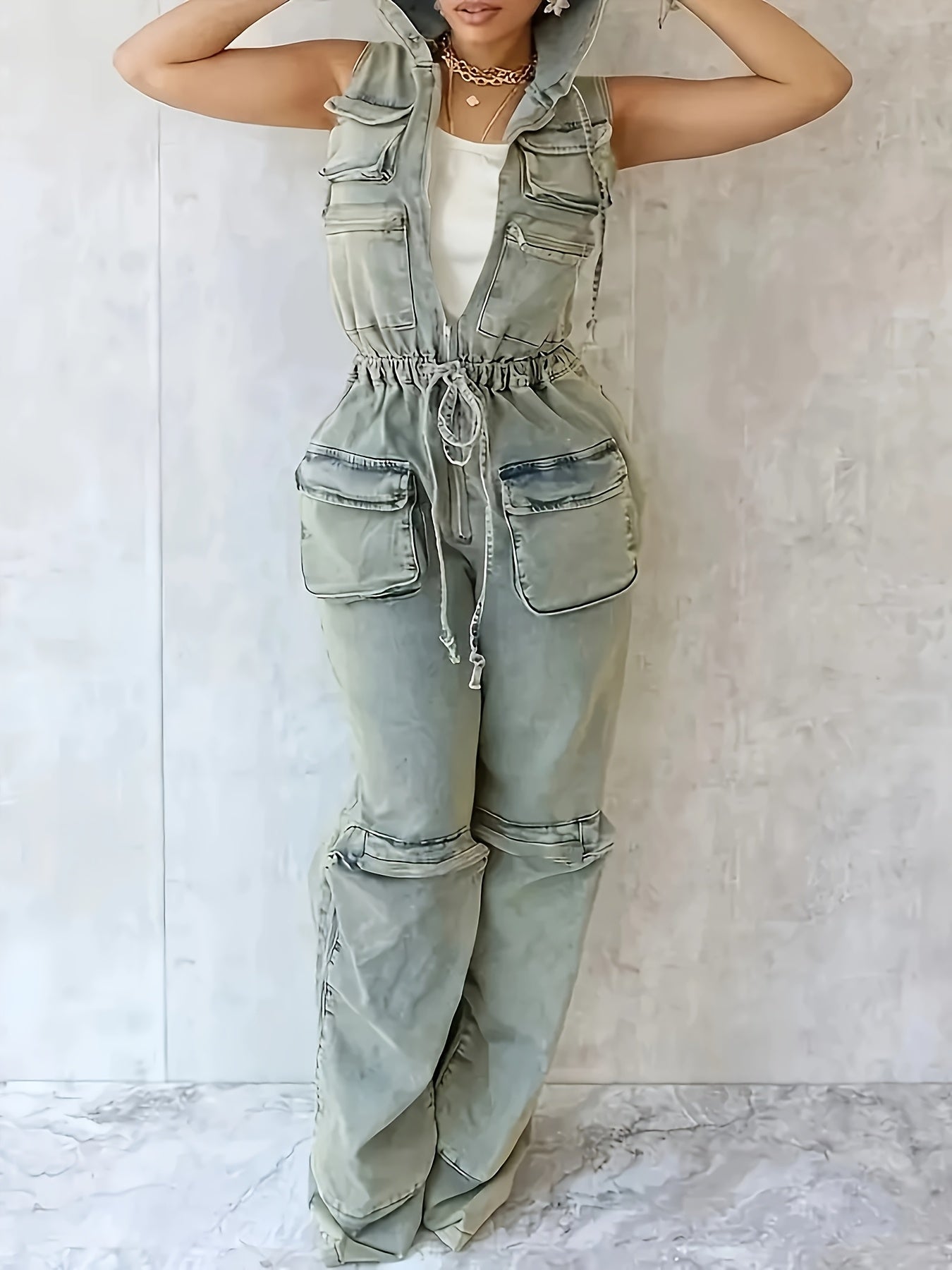 [Vintage Stretch Zipper Romper] Vintage One Pieces Overalls Denim Stretch Women Zipper Pocket Jumpsuit Hoodies Drawstring Waist Streetwear Jean Romper