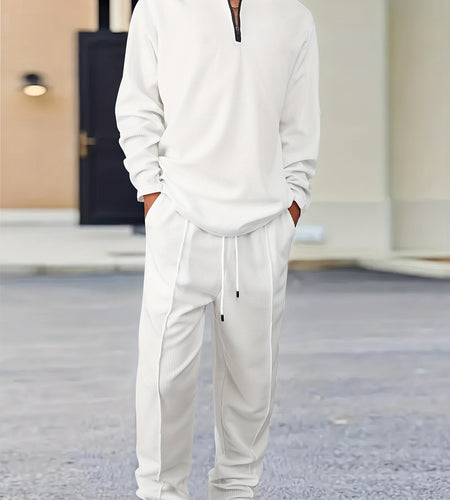 Men 2-Piece Solid Color Knitted Set, Comfortable Pullover Sweatshirt & Drawstring Pants for Daily Wear