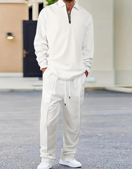 Load image into Gallery viewer, Men 2-Piece Solid Color Knitted Set, Comfortable Pullover Sweatshirt &amp; Drawstring Pants for Daily Wear
