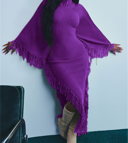 Long Sleeve Batwing Fringe Trim Sweater Dress For Women, High Neck Maxi With Asymmetrical Hem, Sexy And Chic Style