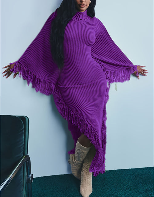 Load image into Gallery viewer, Long Sleeve Batwing Fringe Trim Sweater Dress For Women, High Neck Maxi With Asymmetrical Hem, Sexy And Chic Style

