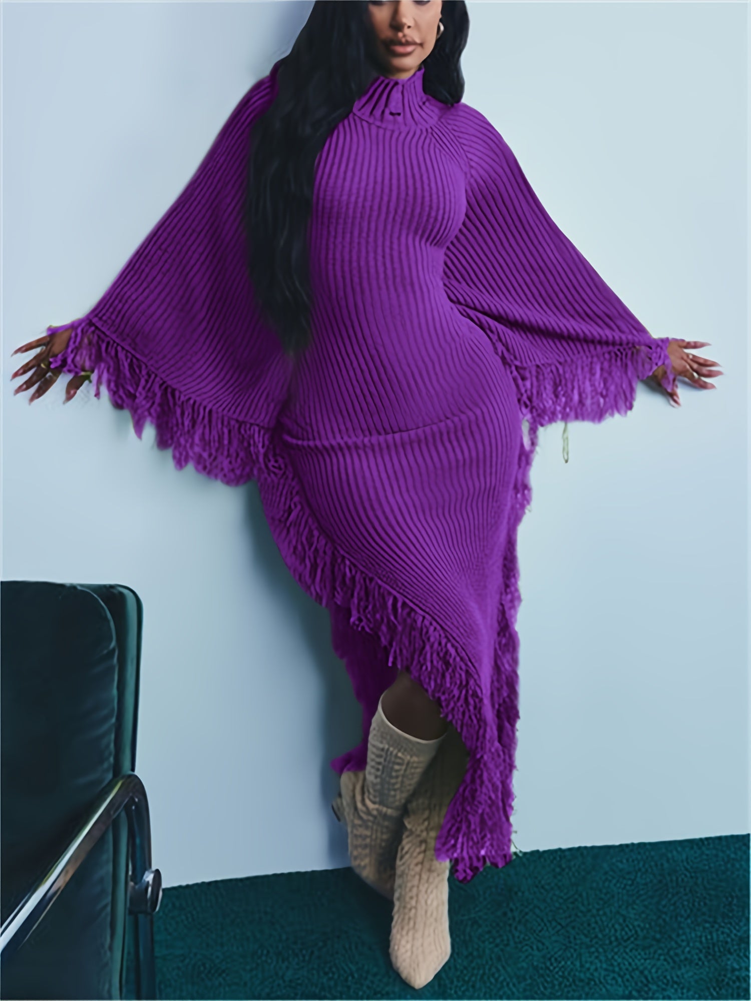 Long Sleeve Batwing Fringe Trim Sweater Dress For Women, High Neck Maxi With Asymmetrical Hem, Sexy And Chic Style