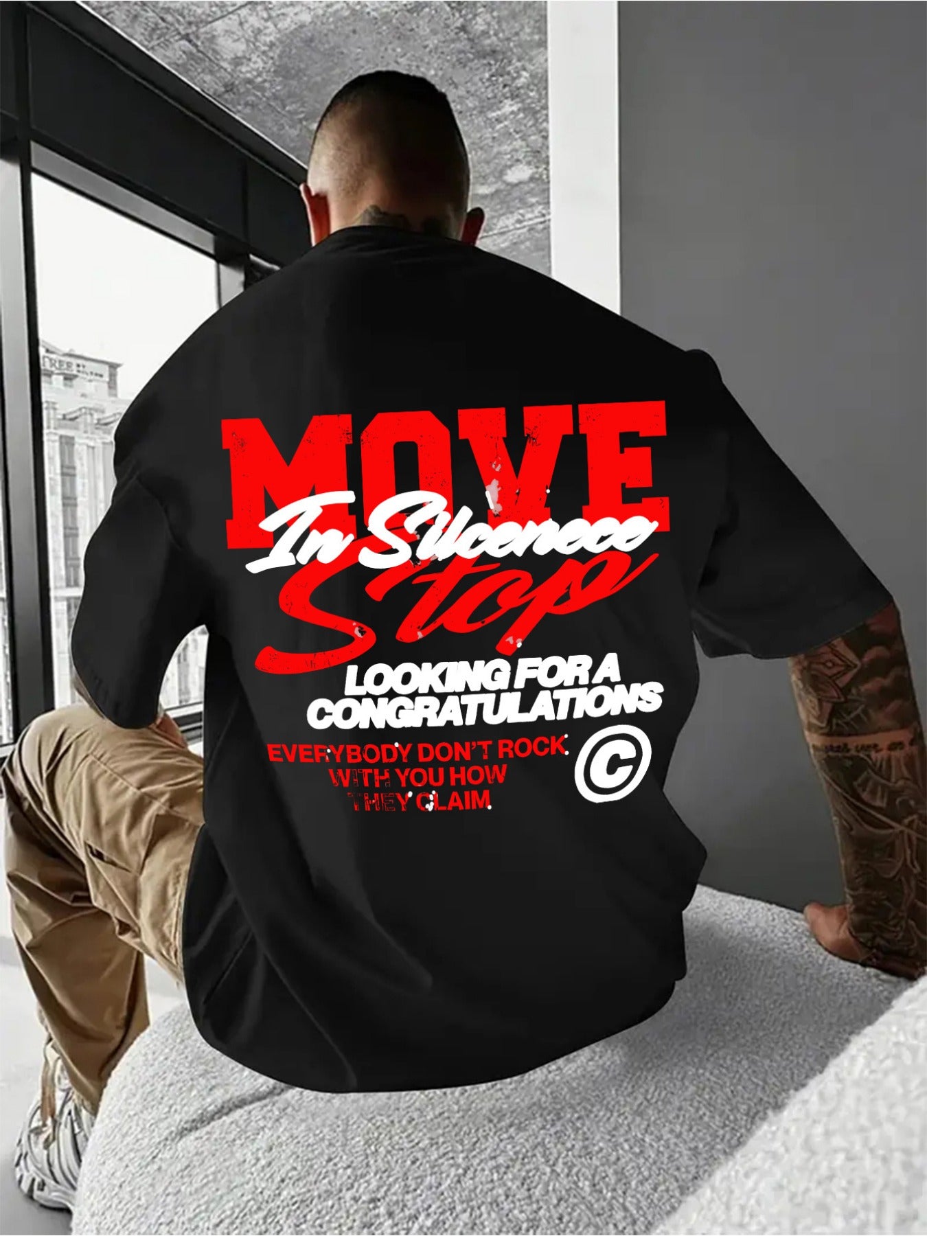 Men's 100% Cotton Graphic T-Shirt - "MOVE IN SILENCE LOOKING for A CONGRATULATIONS E everybody DON'T STOP" Design, Soft & Breathable, Casual Round Neck Short Sleeve Tee, Perfect Gift for Men, Everyday Comfort Wear | Relaxed F