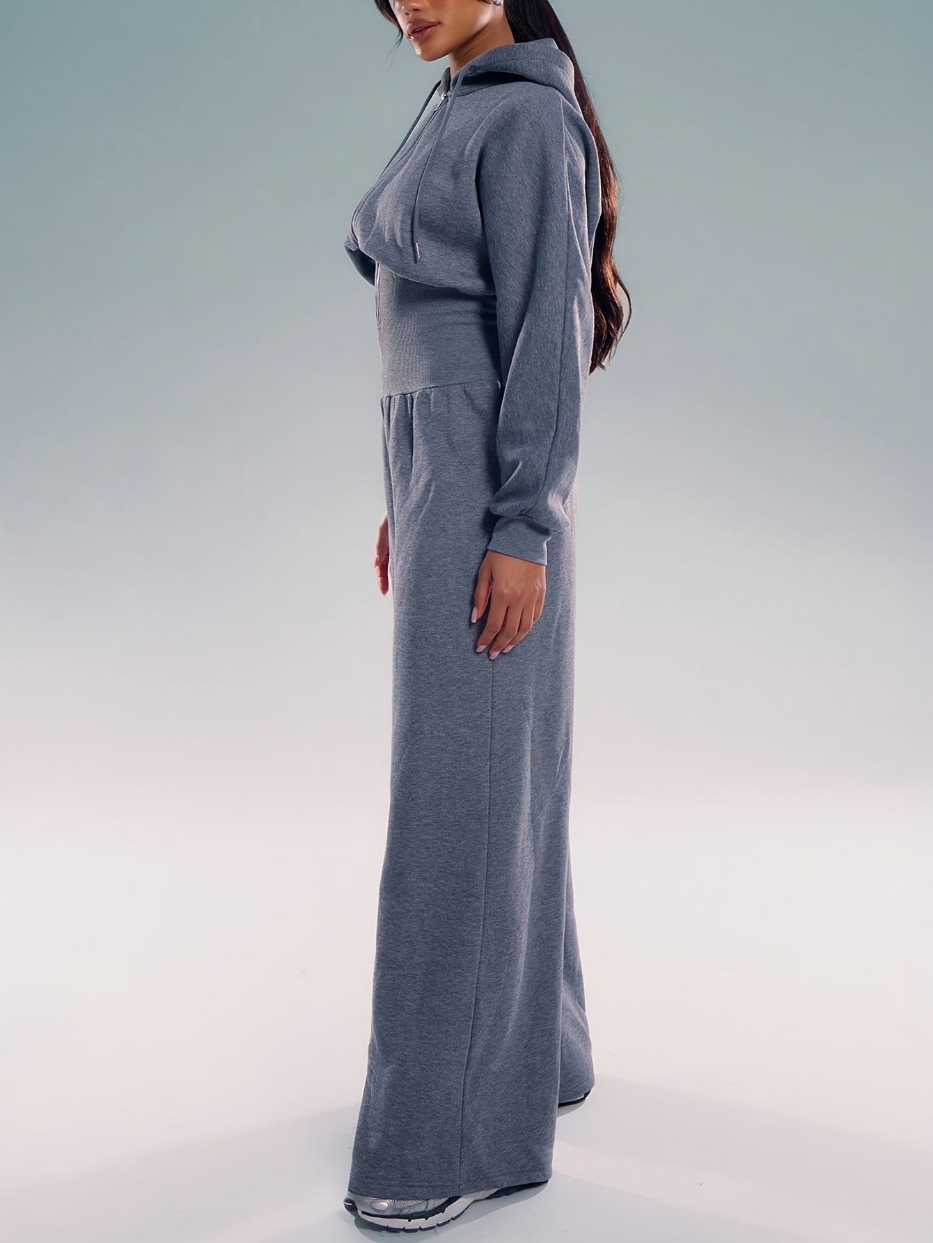 Women's Casual Solid Color Hooded Zipper Jumpsuit - Long Sleeve Elastic Waist Pantsuit, Machine Washable Spring & Autumn Outfit for Casual Attire, Comfortable Leisurewear, Durable Leisurewear