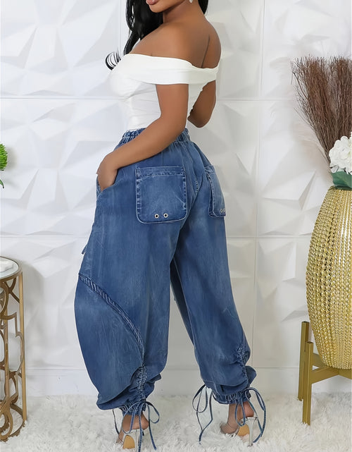Load image into Gallery viewer, Women Baggy Denim Harem Pants - Elastic Drawstring Waist Wide Leg Jeans With Bow Tie &amp; Pockets  (Vintage Distressed Wash)
