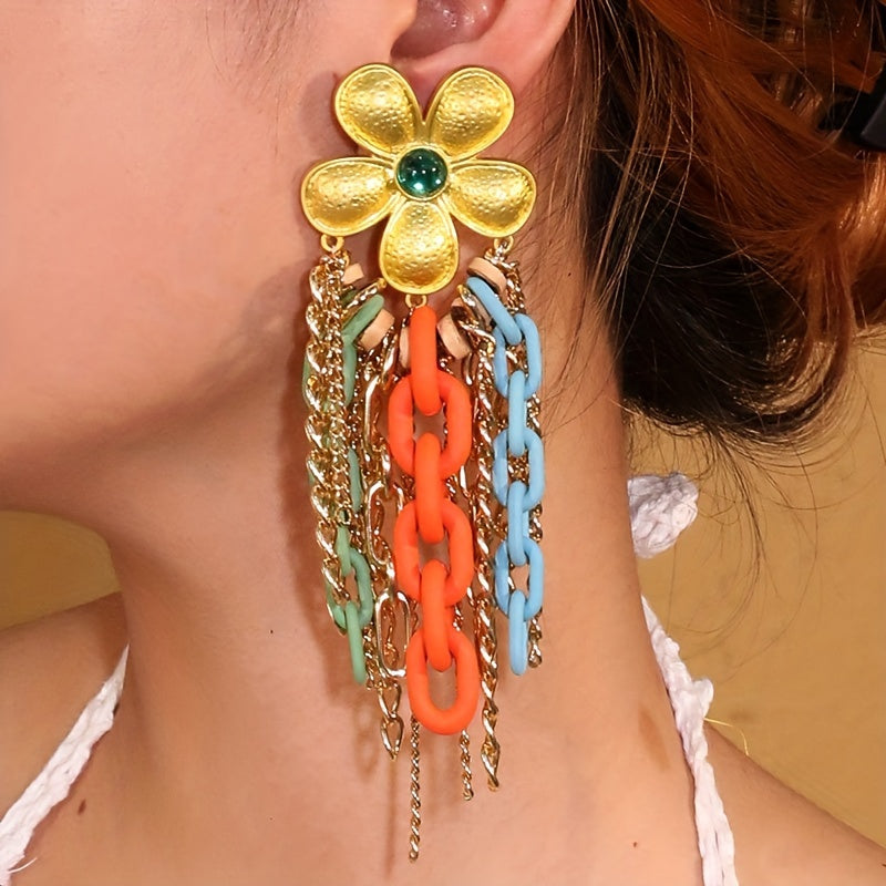 1 Pair Bo ho Chic Alloy Flower Tassel Earrings with Colorful Acrylic Chains, Stainless Steel Posts - Lightweight