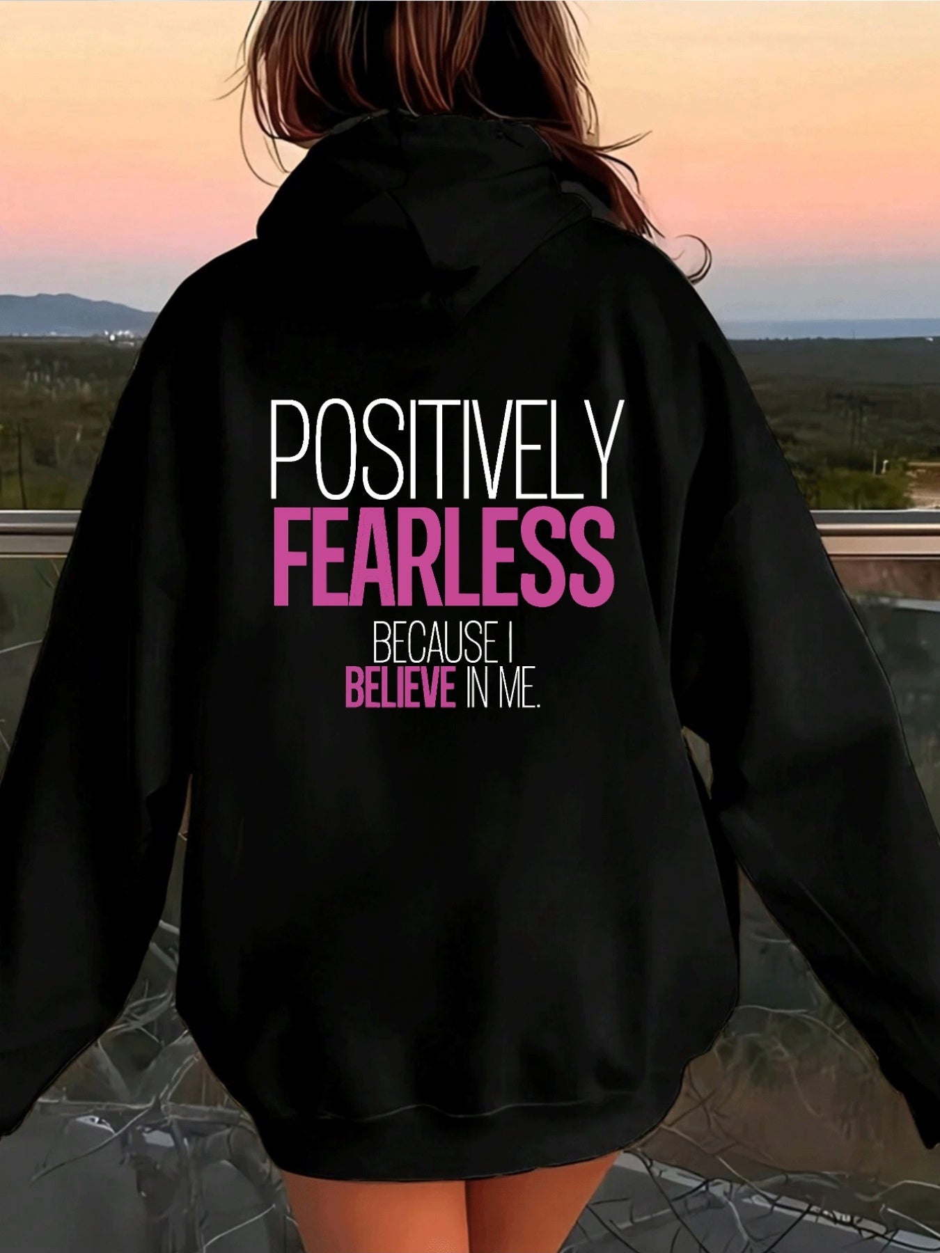 Women's "Positively Fearless" Motivational Print Hoodie - Black with Pink Lettering, Loose Fit Casual Pullover, Long Sleeve Hooded Sweatshirt with Pockets, Durable Fabric