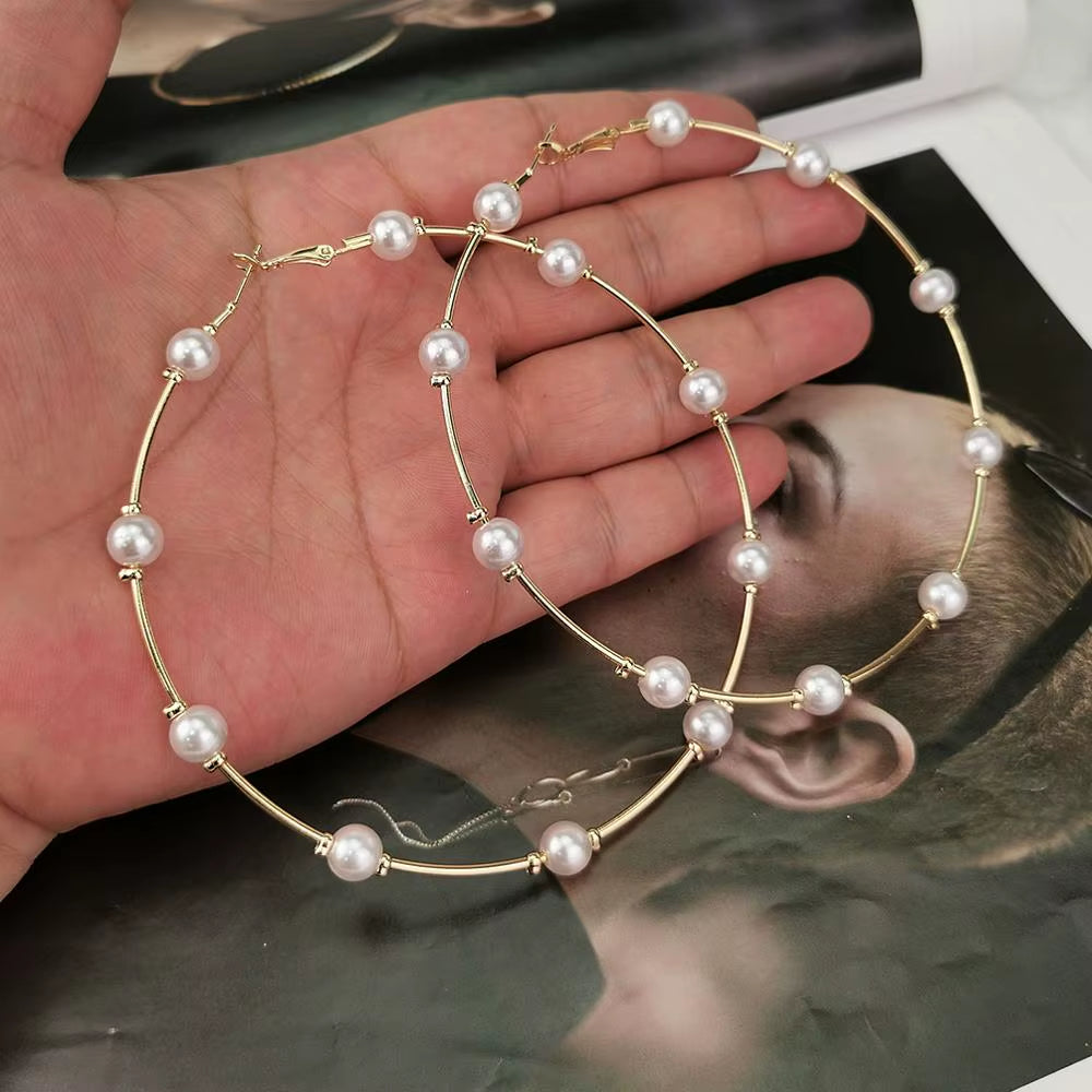 10Cm Imitation Pearl Big Hoop Earrings for Women Large Statement Earrings Hoops Brincos 2023 Oversize Jewelry Gold Color