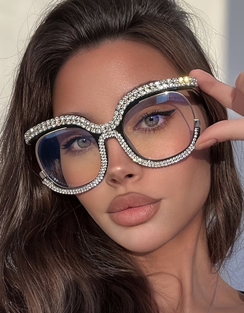Load image into Gallery viewer, Women&#39;s Owl-Shaped Crystal Embellished Blue Light Blocking Glasses Non-Prescription Fashionable Rimless Spectacles with Portable Case
